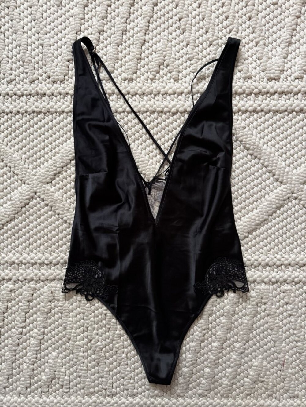 Victoria's Secret Black Silky Satin Dragon Teddy Slip Crochet Thong Bodysuit S